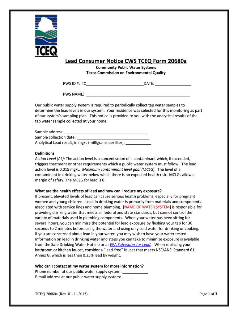  Lead Consumer Notice CWS TCEQ Form 20680a  Tceq Texas 2015