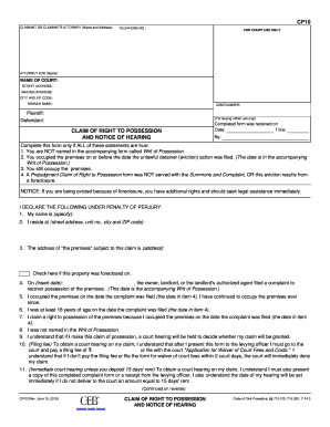  CP10 Claim of Right to Possession and Notice of Hearing Editable and Saveable California Judicial Council Forms 1991