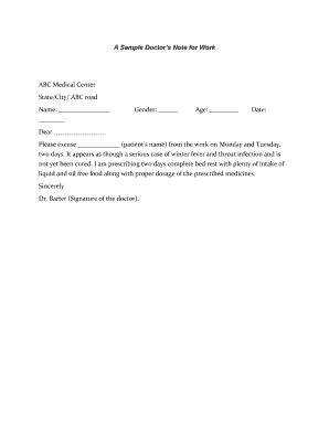 A Sample Doctors Note for Work ABC Medical Center  Form