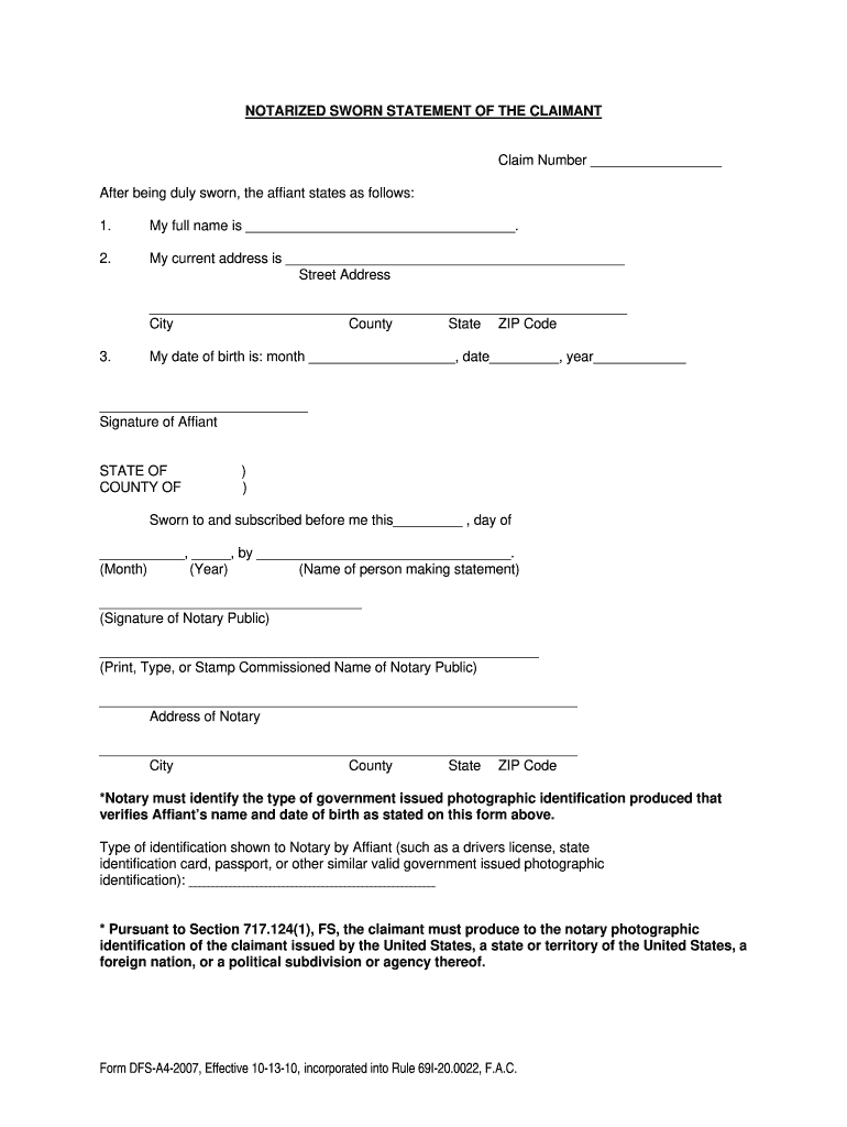 NOTARIZED SWORN STATEMENT of the CLAIMANT  Form