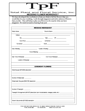 Wedding Arrangements Worksheet Fill in the Blank  Form