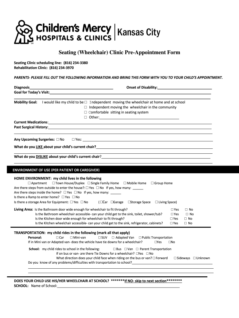 Seating Wheelchair Clinic Pre Appointment Form Childrensmercy