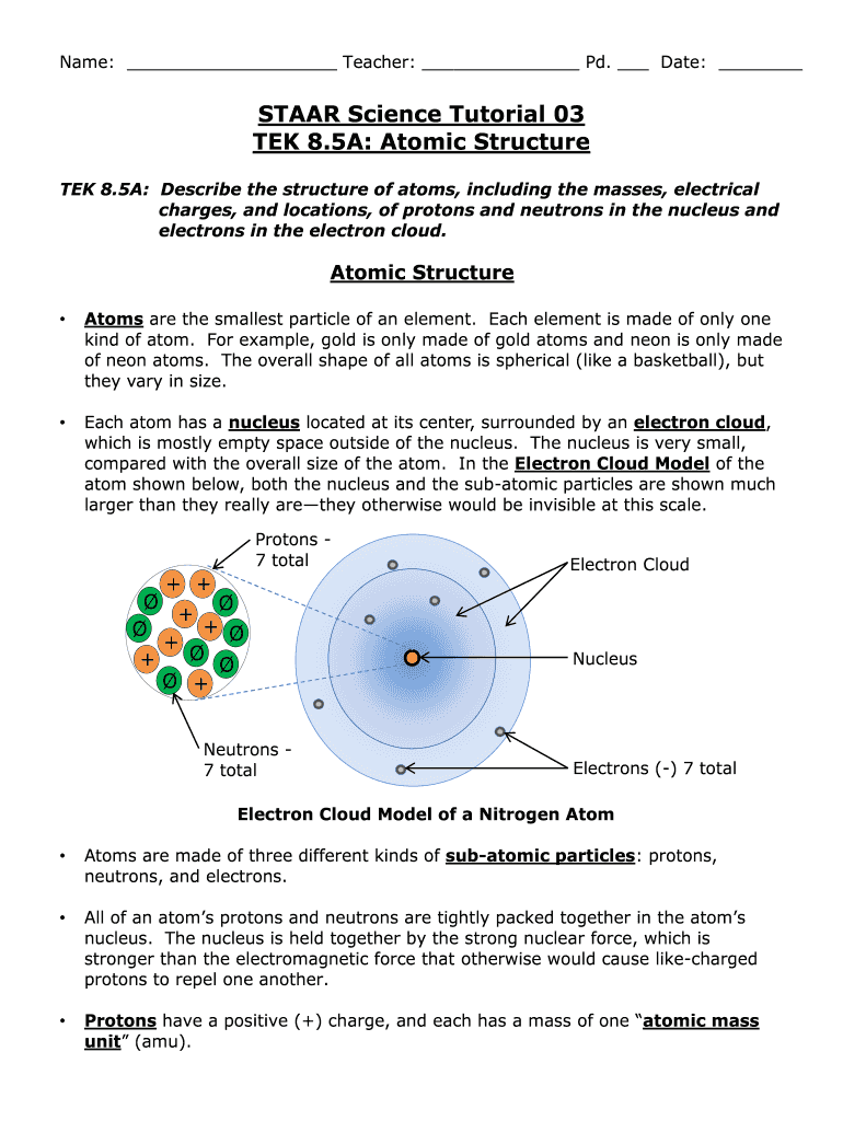 Staar Science Tutorial 03 Tek 8 5a Atomic Structure Answer Key  Form