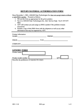 RETURN MATERIAL AUTHORIZATION FORM AMASS Data