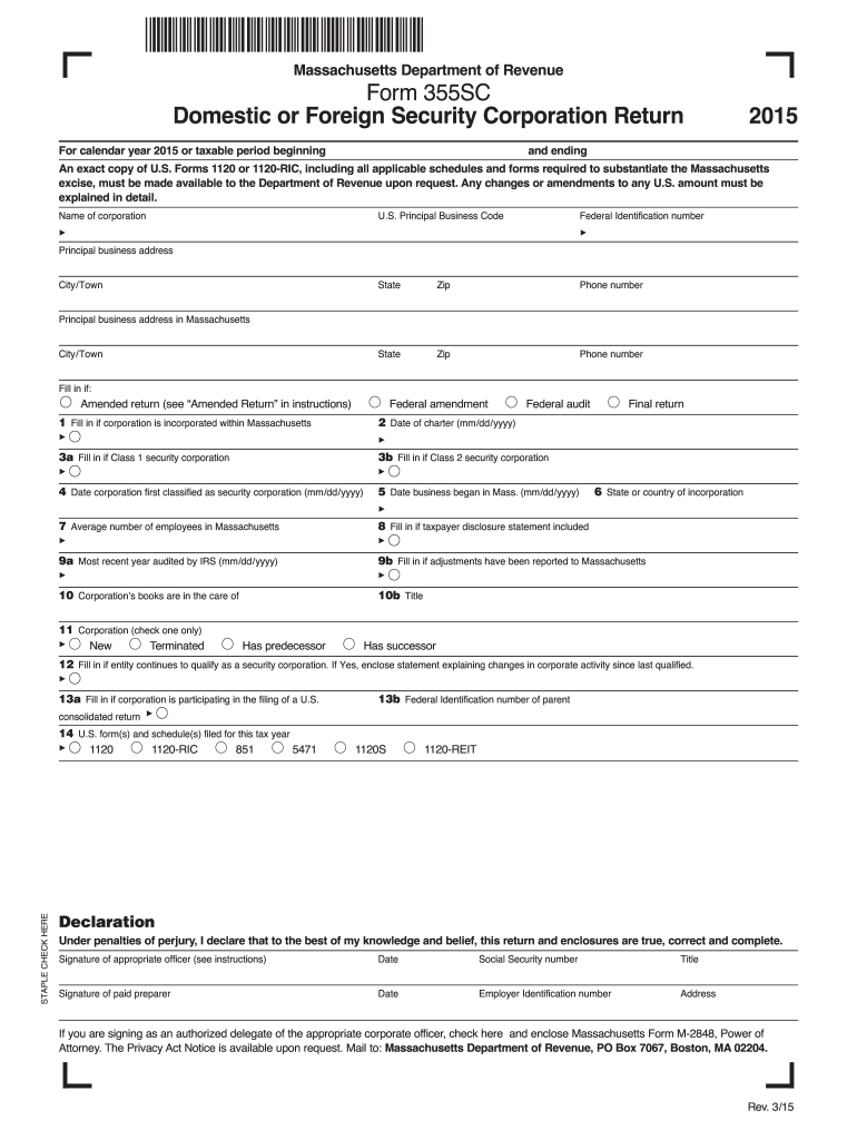  Massachusetts Department of Revenue Form 355SC Domestic or  Mass 2015