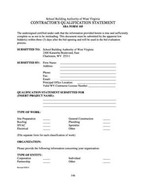 School Building Authority of West Virginia CONTRACTORS QUALIFICATION STATEMENT SBA FORM 105 the Undersigned Certified under Oath