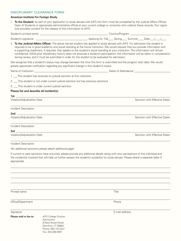 Semester at Sea Disciplinary Clearance Form