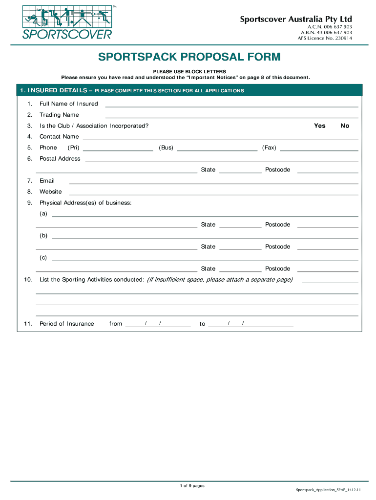  Sportscover Proposal Form 2011-2024