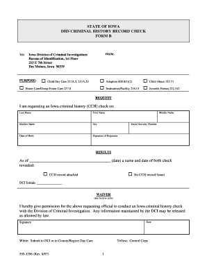 State of Iowa Dhs Criminal History Record Check Form B