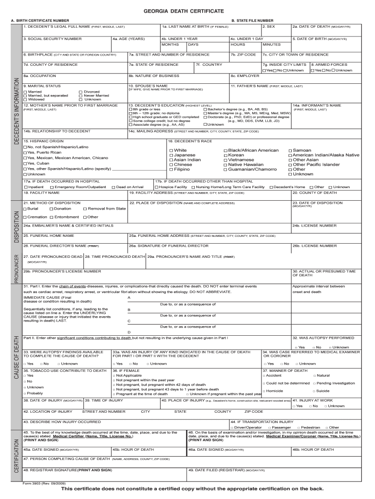 Death Certificate Georgia  Form