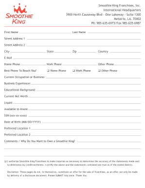 Smoothie King Application PDF  Form
