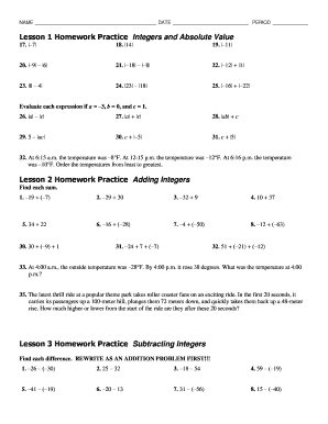 Lesson 1 Homework Practice Integers and Absolute Value Answer Key  Form