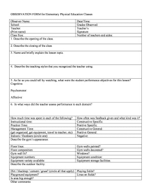 OBSERVATION FORM for Elementary Physical Education Classes