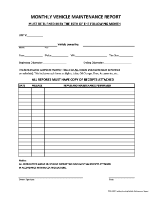 MONTHLY VEHICLE MAINTENANCE REPORT AMZ Trucking  Form