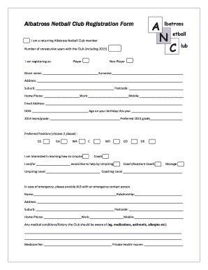 Albatross Netball Club Registration Form