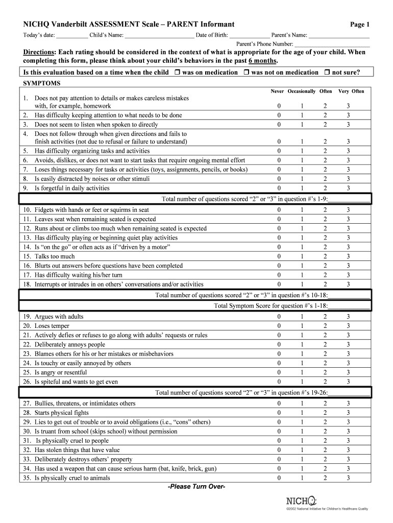 NICHQ Vanderbilt ASSESSMENT Scale PARENT  Form