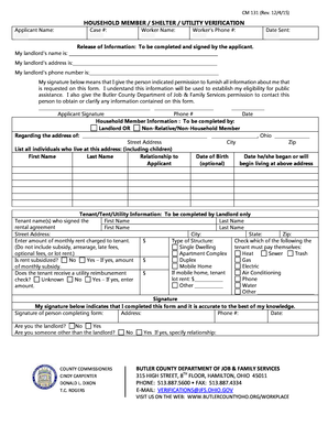 HOUSEHOLD MEMBER SHELTER UTILITY VERIFICATION Butlercountyohio  Form