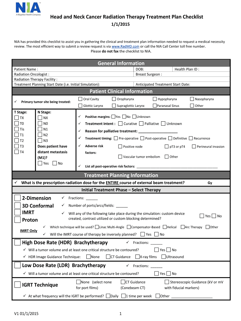 Head and Neck Cancer Radiation Therapy Treatment Plan Checklist  Form