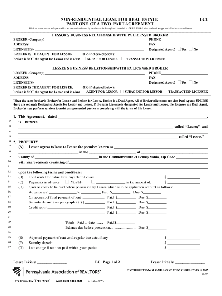 NON RESIDENTIAL LEASE for REAL ESTATE LC1 PART ONE OFA TWO  Form