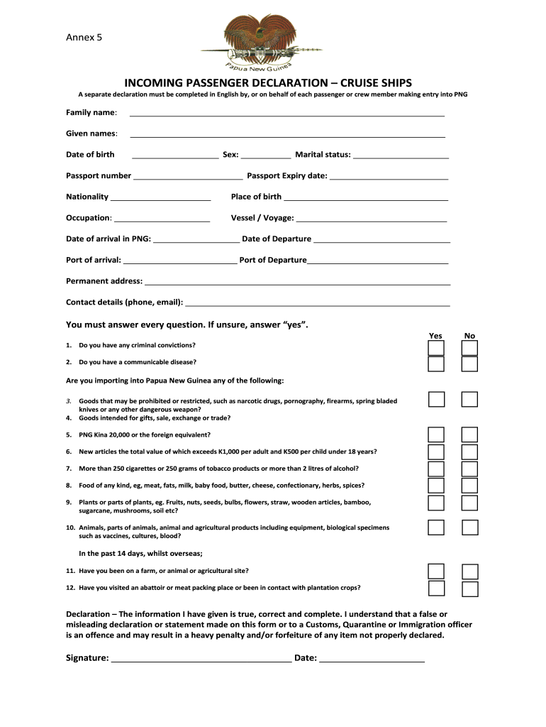 Png Incoming Passenger Declaration Form