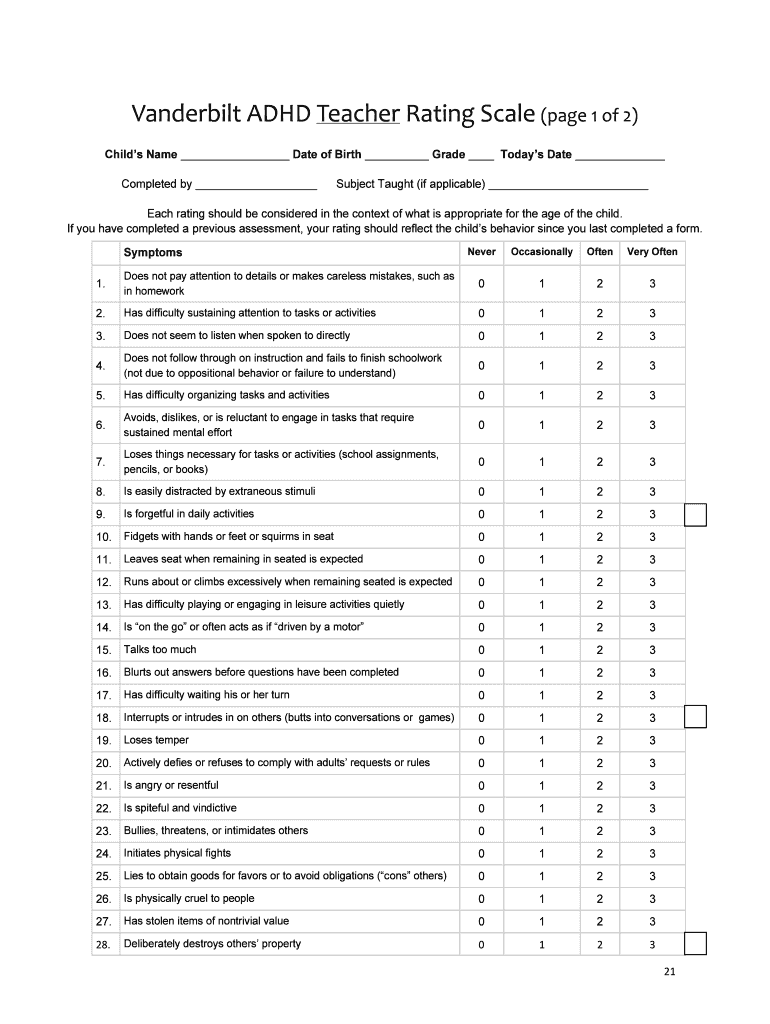 Vanderbilt ADHD Teacher Rating Scale Page 1 of 2  Form