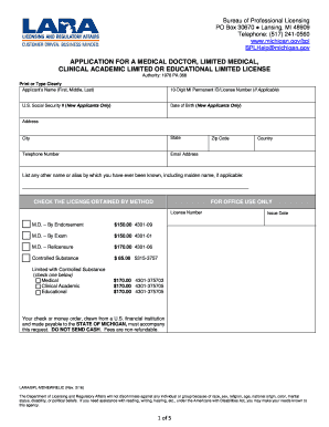 Application for a Medical Doctor, Limited Medical, Clinical Academic Limited or Educational Limited License Medicine Form Michig