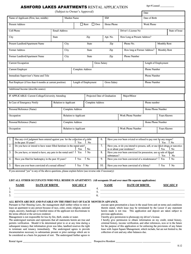  ASHFORD LAKES APARTMENTS RENTAL APPLICATION 2012-2024