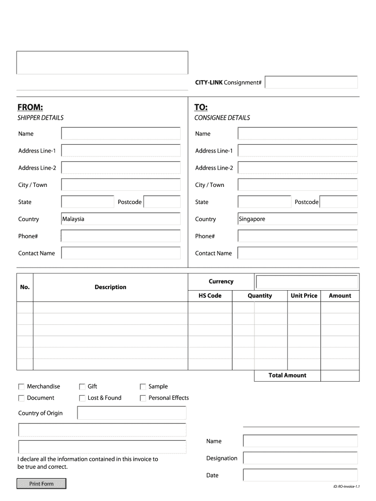 From to City Link Express  Form