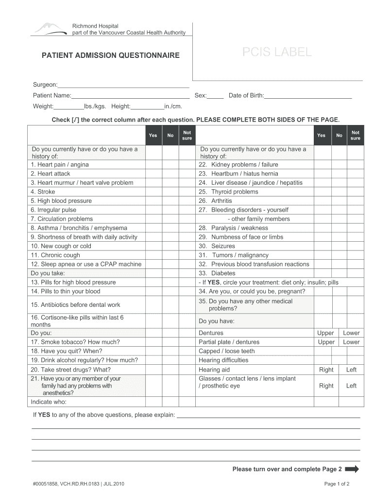 PATIENT ADMISSION QUESTIONNAIRE MetroVan Urology  Form