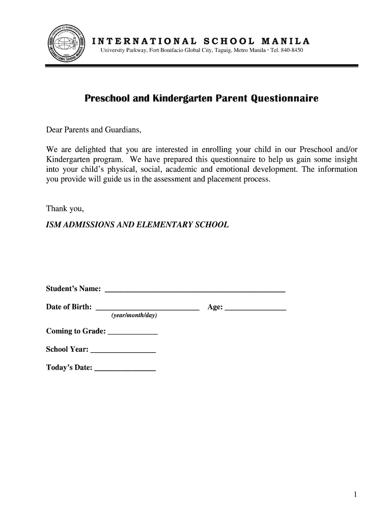 Get and Sign Preschool and Kindergarten Parent Questionnaire Ismanila  Form