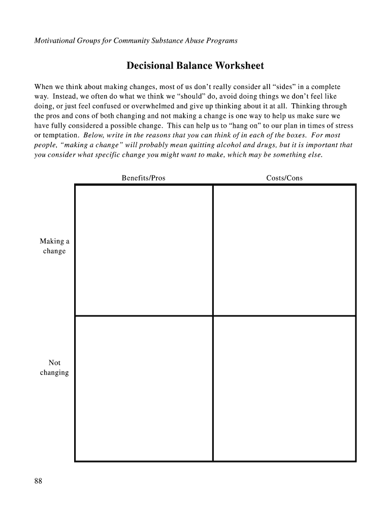 Printable Decisional Balance Worksheet  Form