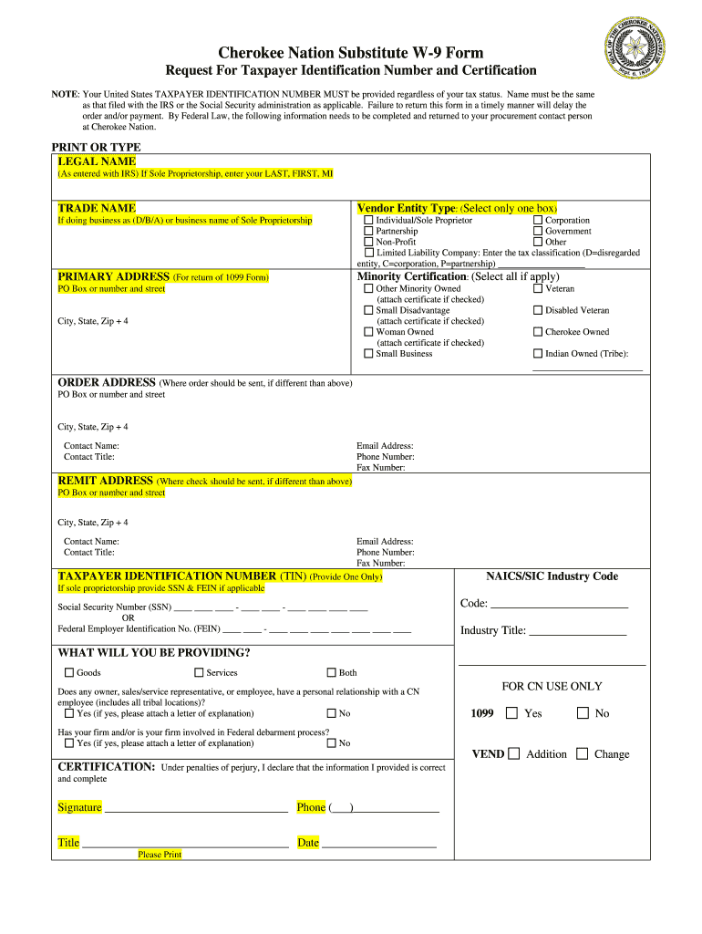 CN Substitute W 9 Form Highlighted Cherokee Nation Cherokee