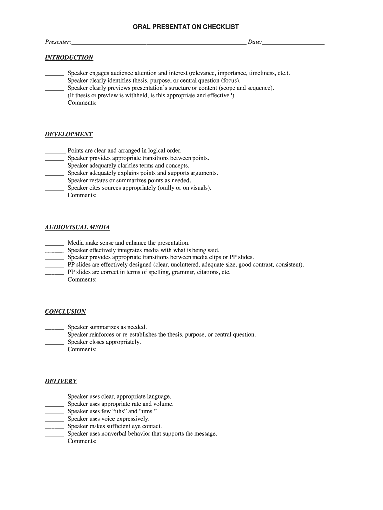 ORAL PRESENTATION CHECKLIST Hamilton College Academics Hamilton  Form