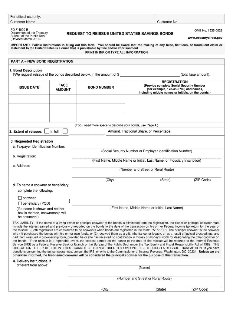 PD F 4000 E OMB No 1535 0023 REQUEST to REISSUE UNITED 2010