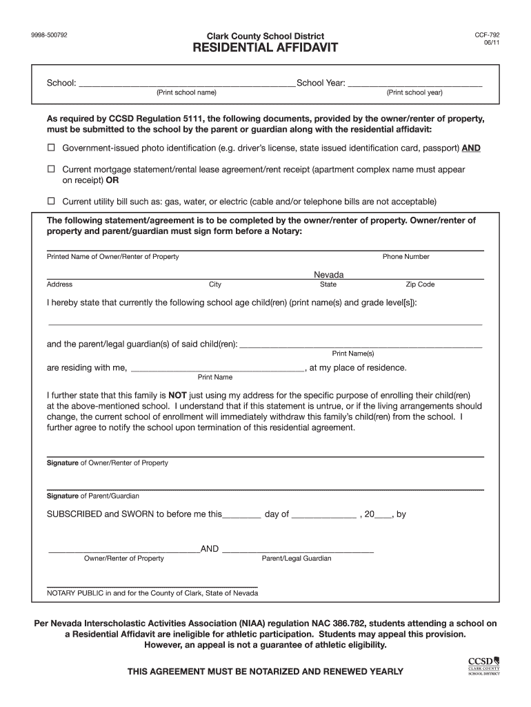  Residential Affidavit Ccsd 2011-2024