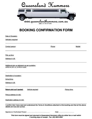 BOOKING CONFIRMATION FORM Hummer Limo Hire