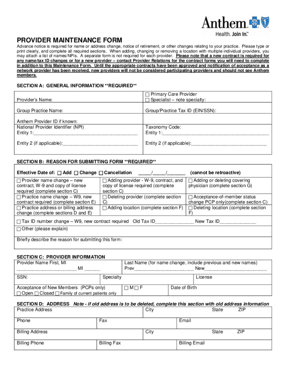  PROVIDER MAINTENANCE FORM Anthem Health Insurance 2011-2024