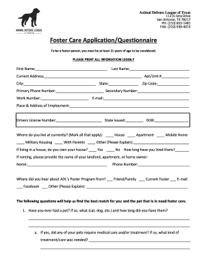 Foster Care ApplicationQuestionnaire  Form