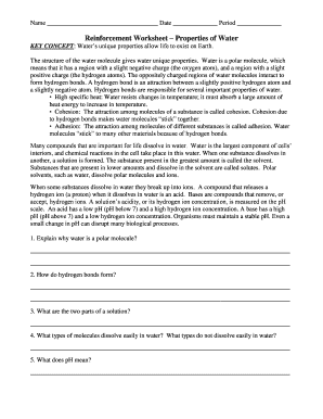 Reinforcement Worksheet Properties of Water Answer Key  Form