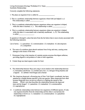 Ecological Relationships Worksheet  Form