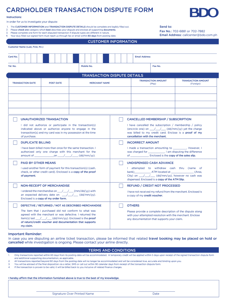 Bdo Dispute Form - Fill Out and Sign Printable PDF Template | signNow