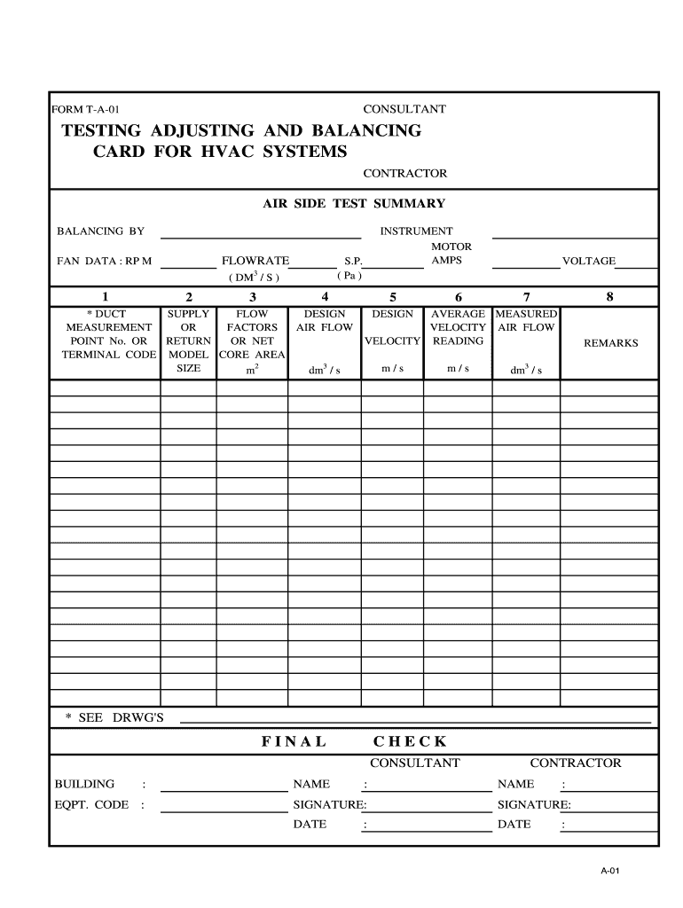 FORM T a 01 TESTING ADJUSTING and BALANCING CARD for HVAC