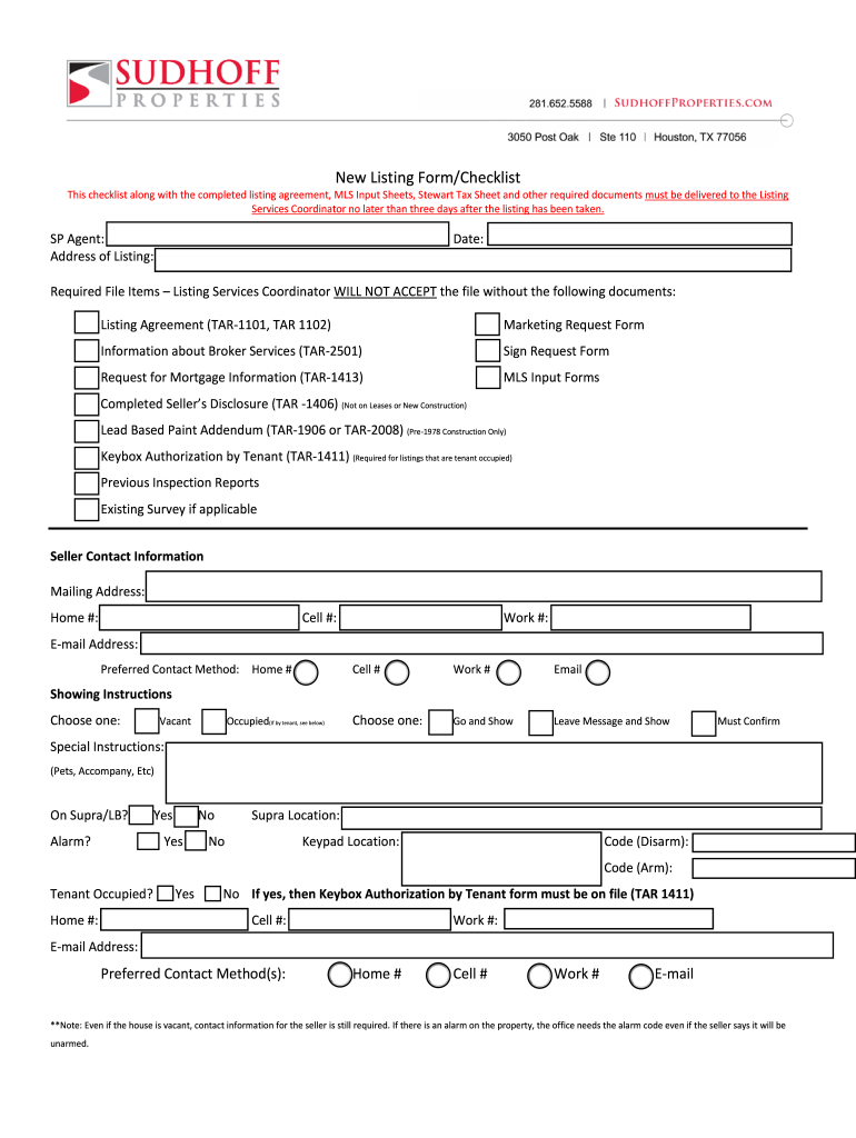 New Listing FormChecklist Sudhoff Companies