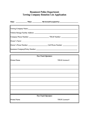 Wrecker Rotation BApplicationb City of Beaumont Texas  Form