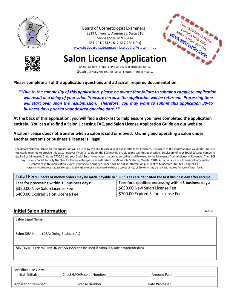  Salon License Application  Minnesotagov  Mn 2016