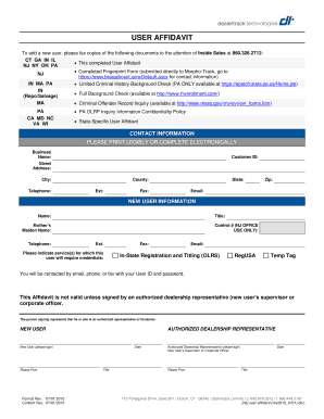 Dealertrack New User Affidavit  Form