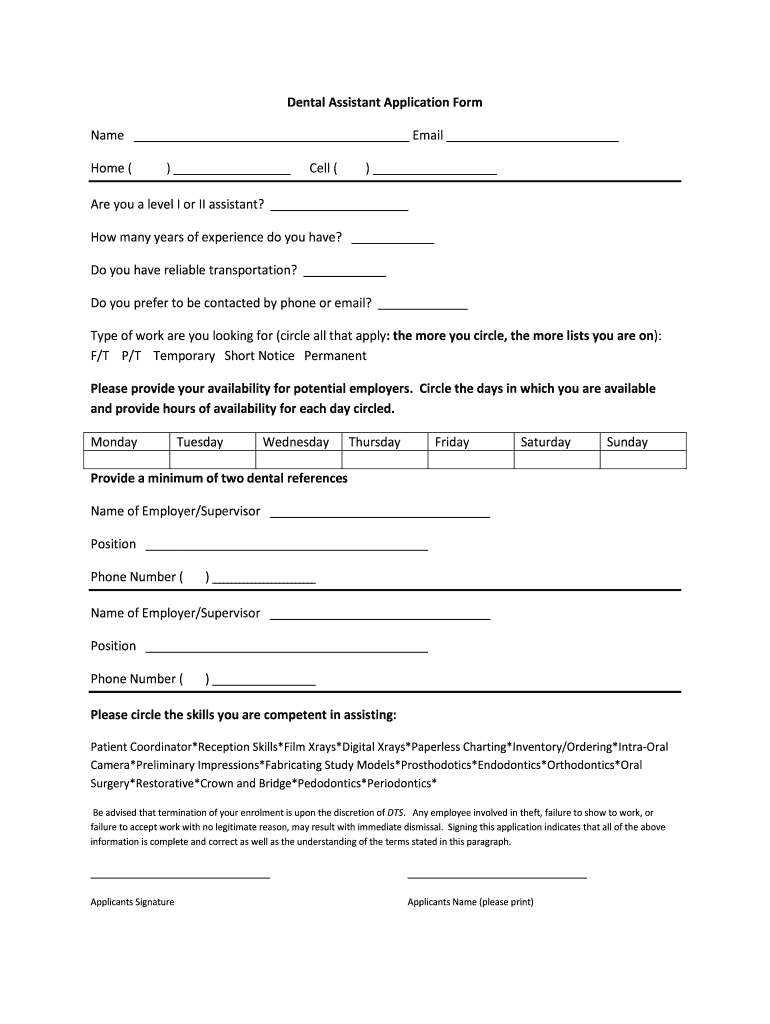 Dental Assistant Application  Form