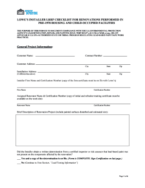 Lowe&#039;s Installer Lrrp Checklist  Form