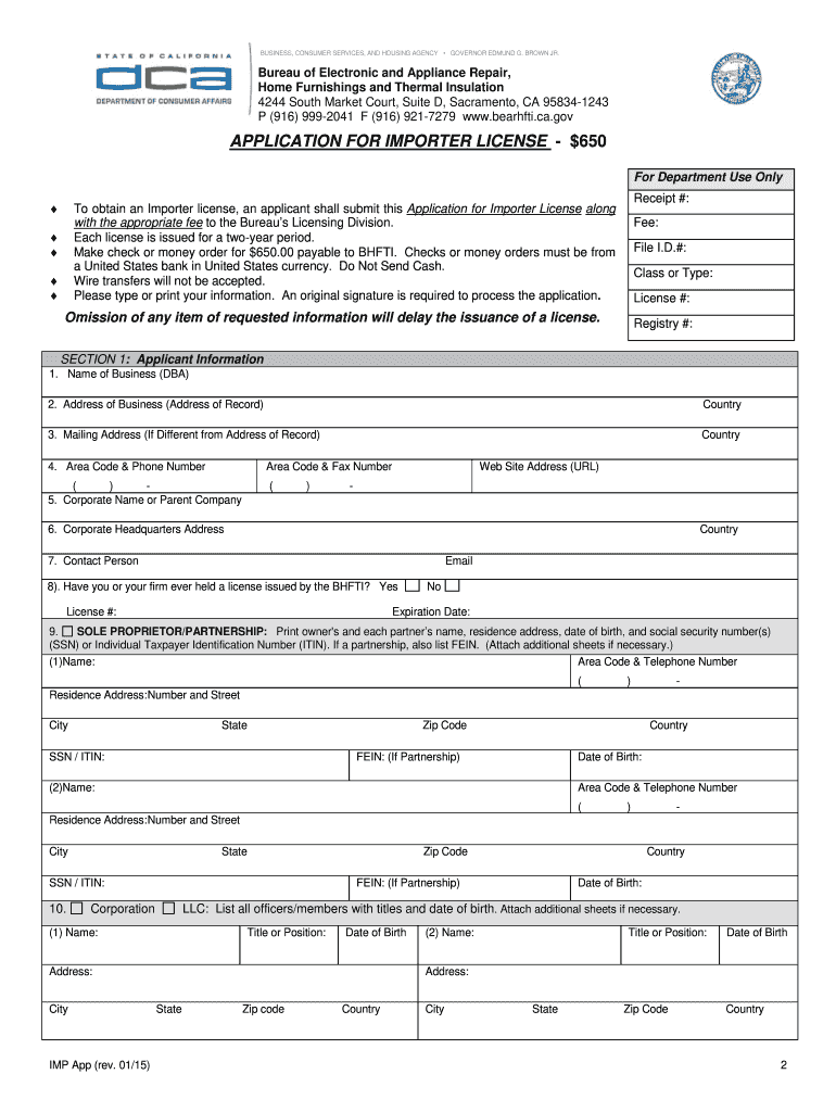 Bureau of Electronic and Appliance Repair Home Furnishings and Thermal Insulation Application for Importers License Bureau of El  Form