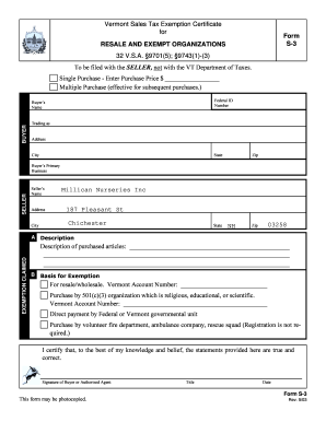 Vermont Sales Tax Exemption Form S 3